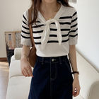 Navy Collar Thin Retro Striped Women Knit Sweater Contrast Color